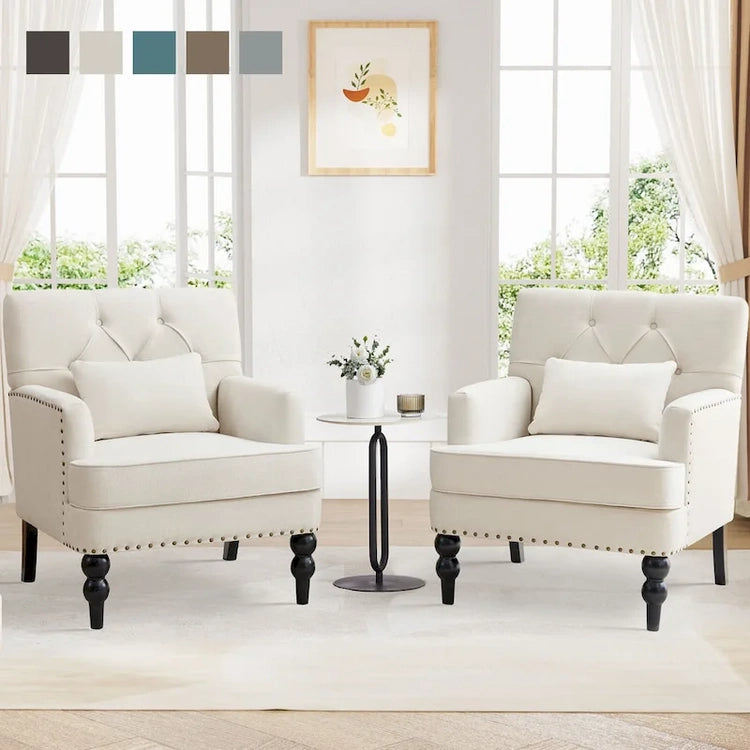 Set of 2 Arm Chair Upholstered Button Tufted Accent Chair with Lumbar Pillow Beige/Grey/Light Blue