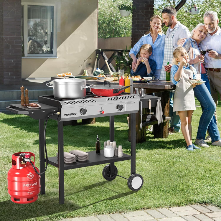 2 Burner Outdoor Propane Gas Stove with Griddle, Auto-Ignition, Regulator & Side Shelves, 150,000 BTU Powerful Stand Cooker