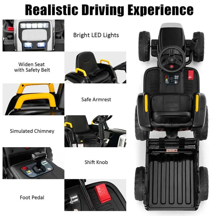 Kids Ride on Tractor W/Trailer 12V Battery Powered Electric Riding Toy Car Vehicle with 3-Gear-Shift Ground Loader