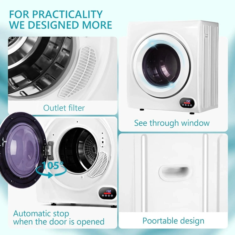 Compact Laundry Dryer, 3.5 Cu. Ft. Front Load Stainless Steel Clothes Dryers with Exhaust Pipe, 1500W
