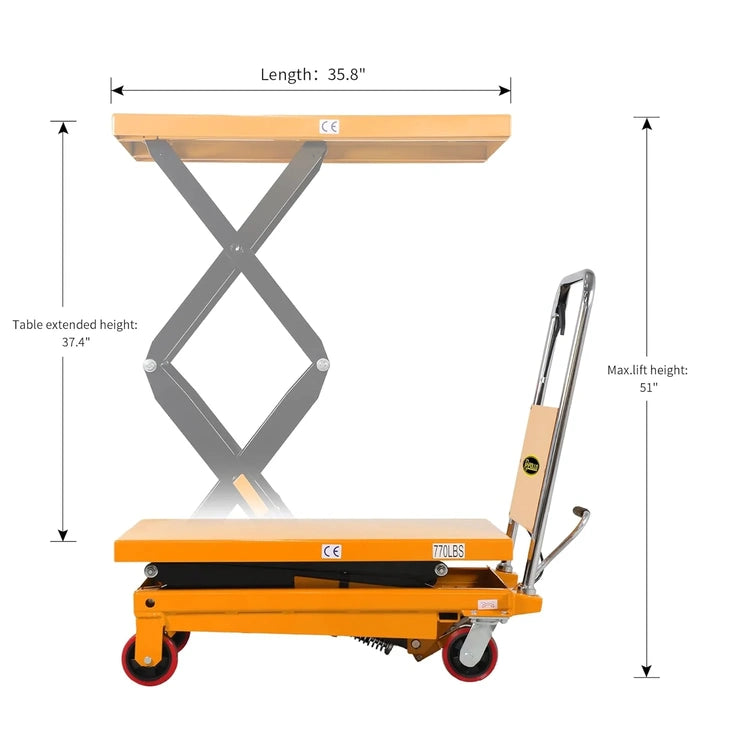 Hydraulic Lift Table Cart - 770 Lbs Capacity, 51" Max Height, Double Scissor Lift with Safety Guard & 4 Wheels
