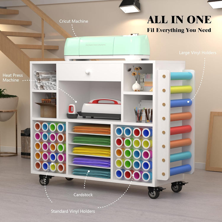 Craft Organization and Storage Cart Compatible with Cricut Machine, Rolling Craft Organizer with Large Drawer & 48 Vinyl Roll Holder