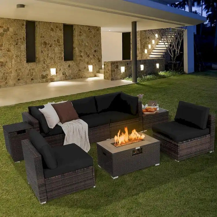 8PCS Patio Rattan Furniture Set Fire Pit Table Tank Holder Cover Deck