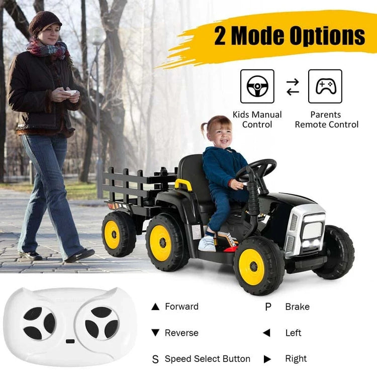 Kids Ride on Tractor W/Trailer 12V Battery Powered Electric Riding Toy Car Vehicle with 3-Gear-Shift Ground Loader