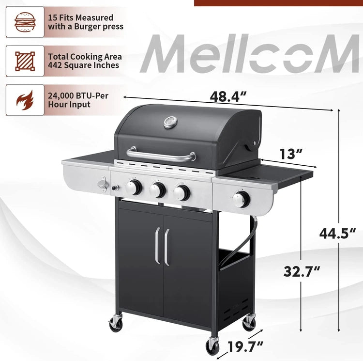 Upgraded 4 Burner BBQ Propane Gas Grill with Cast Iron Grates & Side Stove, 44,000 BTU Stainless Steel Burner Barbecue Grill for Patio, Camping