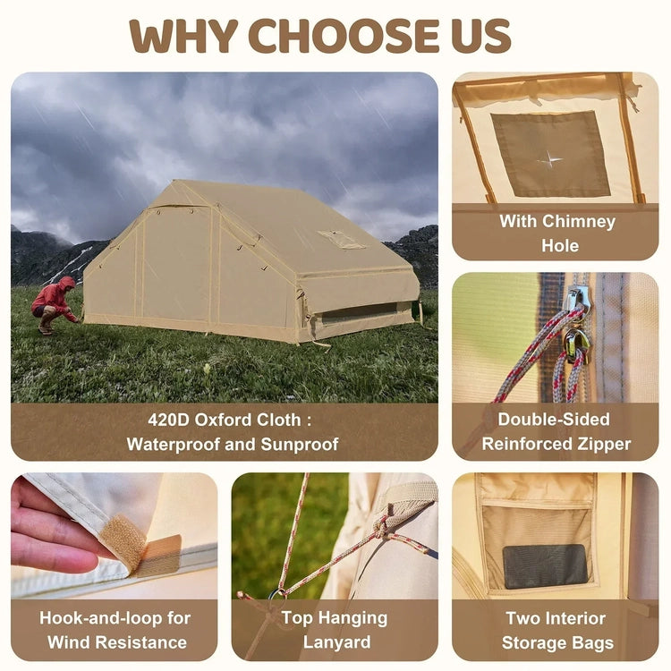 6 Person Inflatable Camping Tent with Pump, 10ft x7ft Glamping Family Tent Easy Setup 4 Season Waterproof Windproof Outdoor Blow up Tent Oxford