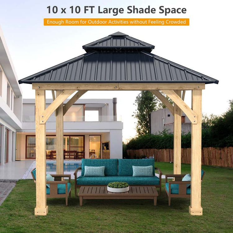 10 X Ft Outdoor Patio Hardtop Gazebo with Wood Frame & 2-Tier Metal Roof, All-Weather Gazebo Pergolas Shelter