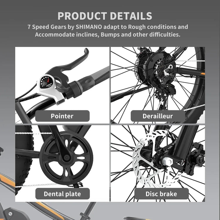 26 In.48V 13Ah 750W Mountain Electric Bikes for Adults Men, 26"x4.0 Fat Tire Electric Bicycle 7 Speeds Gear Outdoor Ebikes, Black, S48
