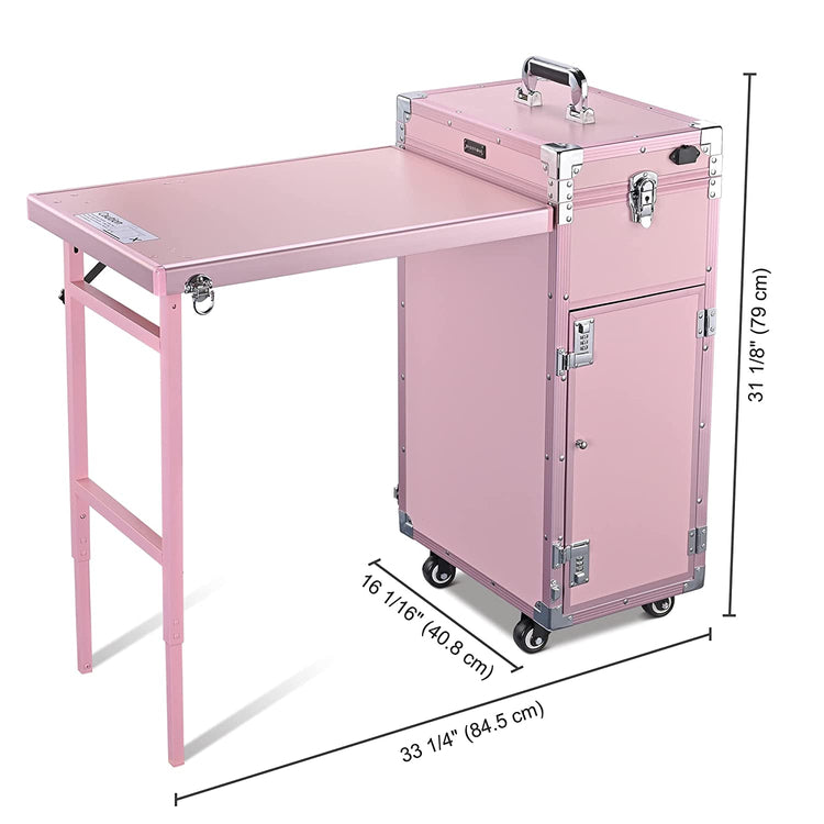 Byootique Nail Desk Mobile Station Rolling Makeup Train Case Trolley Cosmetic Manicure Table Mirror 4 Drawers Pink