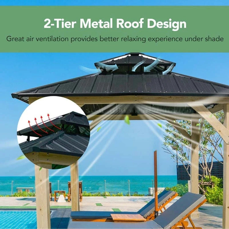 10 X Ft Outdoor Patio Hardtop Gazebo with Wood Frame & 2-Tier Metal Roof, All-Weather Gazebo Pergolas Shelter