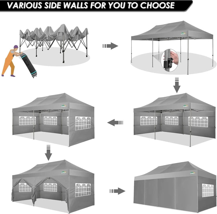 Cobizi 10x20 Heavy Duty Pop up Canopy Tent with 6 Sidewalls Easy up Commercial Outdoor Canopy Wedding Party Tents