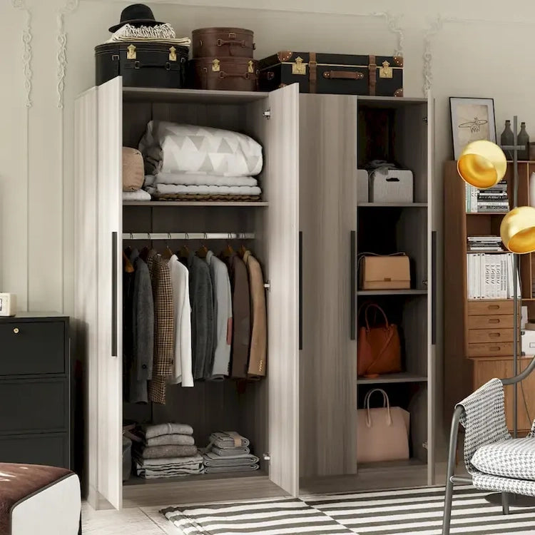 Modern Freestanding Solid Wood Wardrobe Closet with Storage Shelves