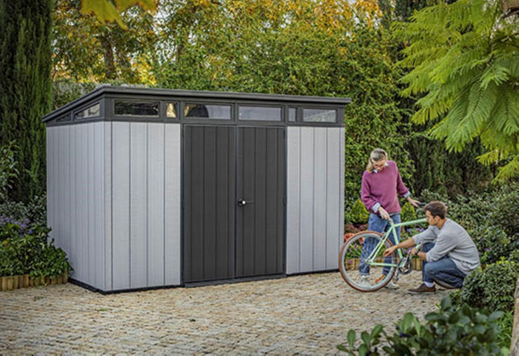 Keter Artisan 11x7 Modern Resin Outdoor Storage Shed Kit- to Store Patio Furniture, Garden Tools Bike Accessories, Beach Chairs and Lawn Mower