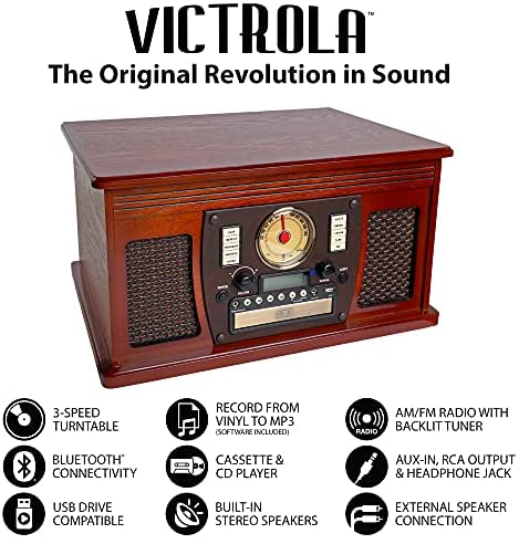 Victrola 8-in-1 Bluetooth Record Player & Multimedia Center, Built-in Stereo Speakers - Turntable, Wireless Music Streaming
