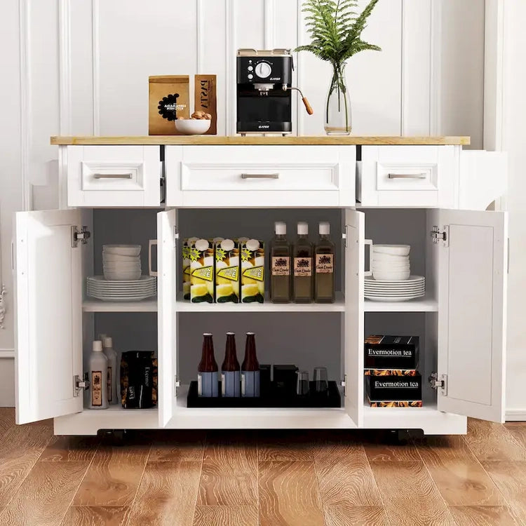Large Kitchen Island with Wood Drop Leaf, Embossed Texture Rolling Kitchen Cart Wdoors and Drawers Wstorage for Kitchen, White
