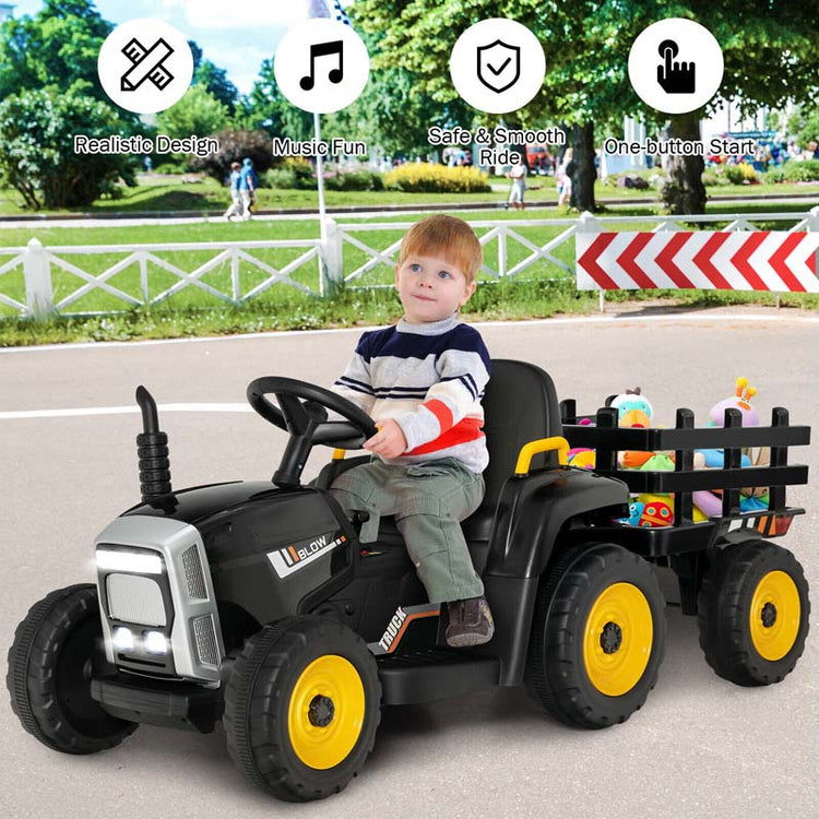 Kids Ride on Tractor W/Trailer 12V Battery Powered Electric Riding Toy Car Vehicle with 3-Gear-Shift Ground Loader