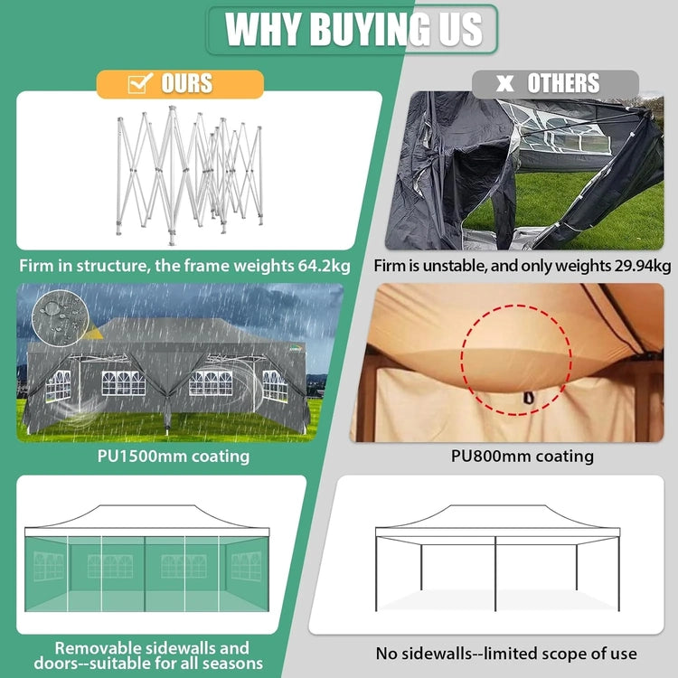 Cobizi 10x20 Heavy Duty Pop up Canopy Tent with 6 Sidewalls Easy up Commercial Outdoor Canopy Wedding Party Tents