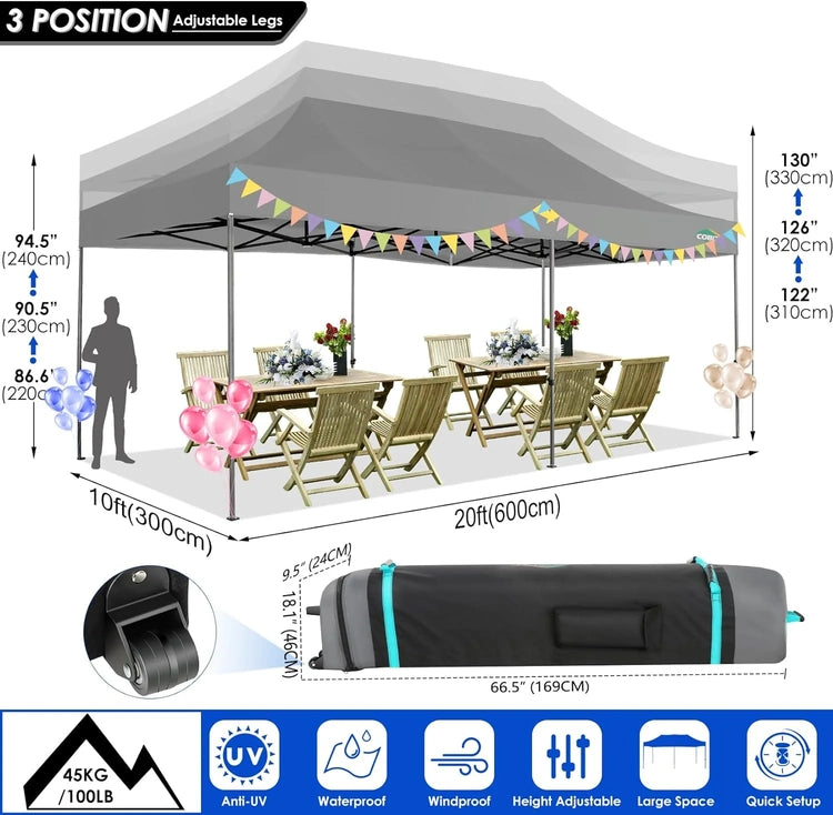 Cobizi 10x20 Heavy Duty Pop up Canopy Tent with 6 Sidewalls Easy up Commercial Outdoor Canopy Wedding Party Tents