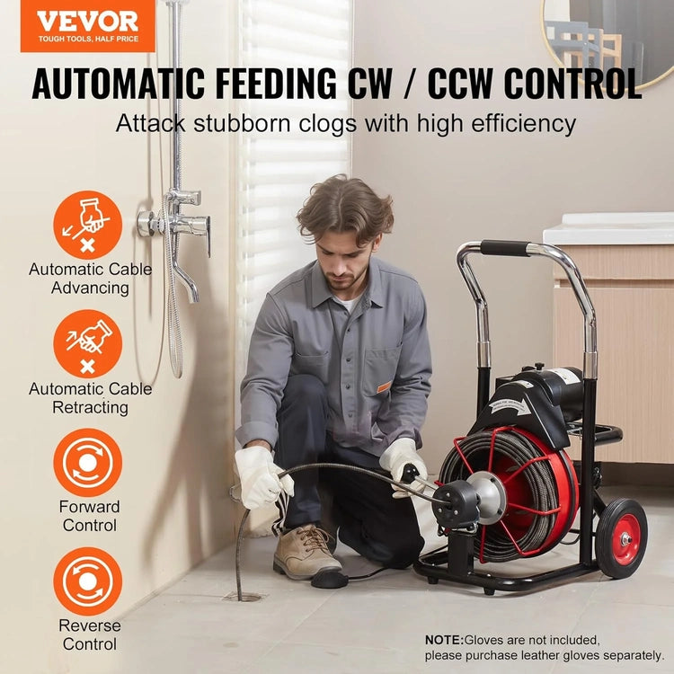 Drain Cleaner Machine 100FT X 1/2 Inch, Auto Feed Sewer Snake Auger on Wheels, 550W Portable Drain Cleaning Machine