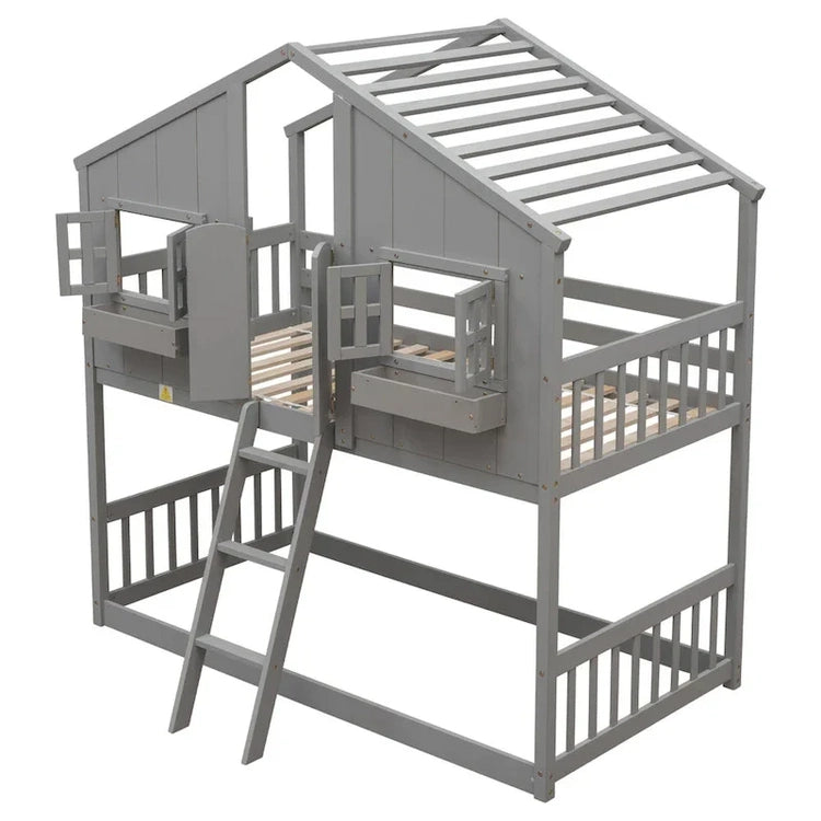 Twin Over House Bunk Bed with Roof, Window, Window Box, Door, with Safety Guardrails and Ladder, Grey