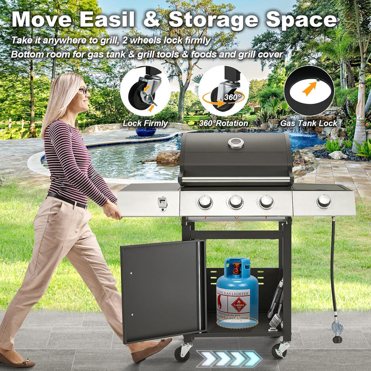 Upgraded 4 Burner BBQ Propane Gas Grill with Cast Iron Grates & Side Stove, 44,000 BTU Stainless Steel Burner Barbecue Grill for Patio, Camping