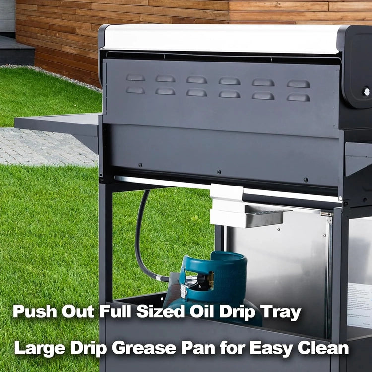 Upgraded 4 Burner BBQ Propane Gas Grill with Cast Iron Grates & Side Stove, 44,000 BTU Stainless Steel Burner Barbecue Grill for Patio, Camping