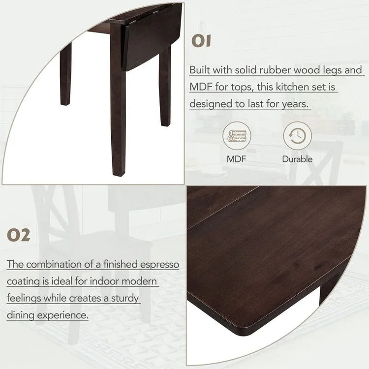 3-Piece Wood Drop Leaf Breakfast Nook Dining Table Set with 2 X-Back Chairs for Small Places