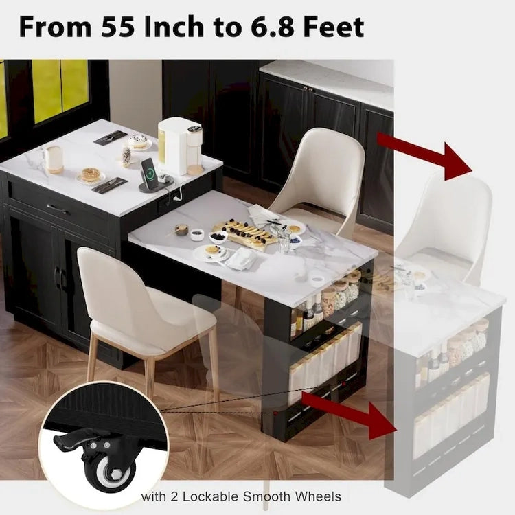 82.7 Wooden 4-6 Person Kitchen Island with Extendable Dining Table and Double-Sized Storage