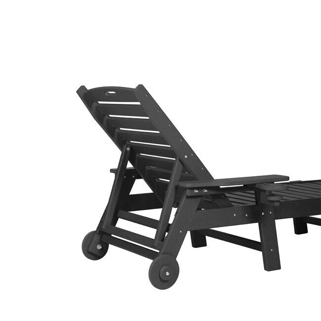 3-Piece Patio Set 2 Oversized Chaise Lounges (5-Position, Wheels, Cup Holder) + Side Table, All-Weather Wood Texture