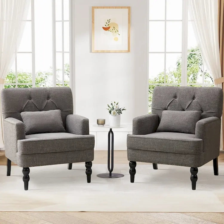 Set of 2 Arm Chair Upholstered Button Tufted Accent Chair with Lumbar Pillow Beige/Grey/Light Blue