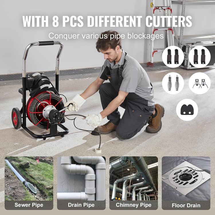 Drain Cleaner Machine 100FT X 1/2 Inch, Auto Feed Sewer Snake Auger on Wheels, 550W Portable Drain Cleaning Machine