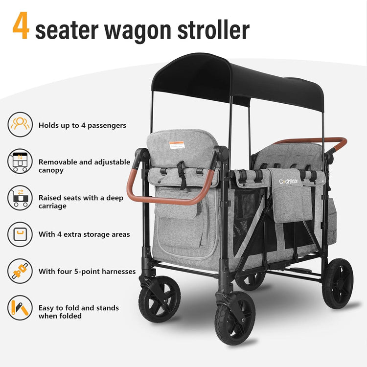 All-Terrain 4 Seater Wagon Stroller for Kids - Heavy-Duty 300lb Capacity, One-Hand Fold Design, High Seats with 5-Point Harness