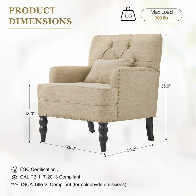 Set of 2 Arm Chair Upholstered Button Tufted Accent Chair with Lumbar Pillow Beige/Grey/Light Blue