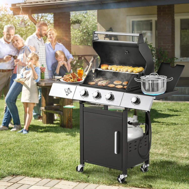 Upgraded 4 Burner BBQ Propane Gas Grill with Cast Iron Grates & Side Stove, 44,000 BTU Stainless Steel Burner Barbecue Grill for Patio, Camping