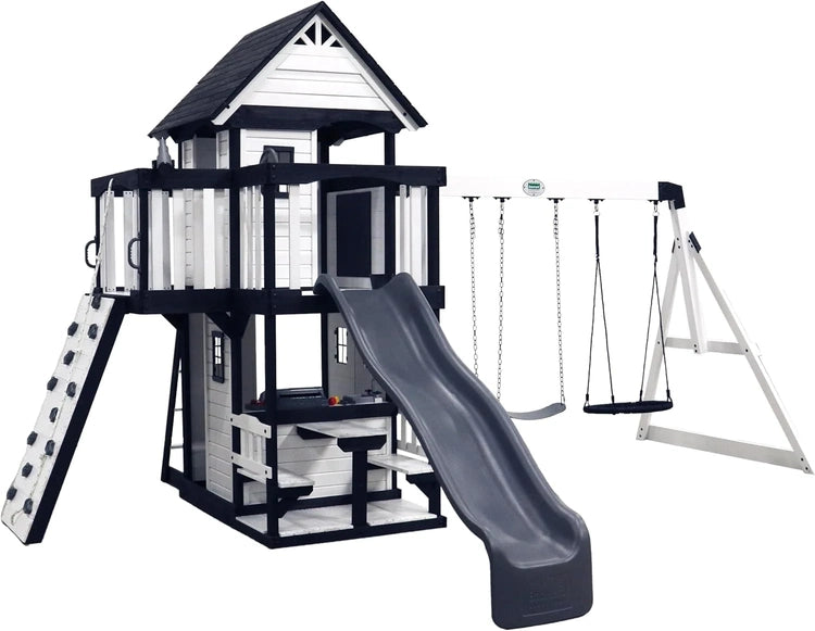 Backyard Discovery Canyon Creek Cedar Wood Swing Set with Wave Slide, Clubhouse, Play Kitchen, Picnic Area, Belt Swings, Web Swing, Rock Wall