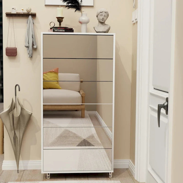 Mirror Shoe Cabinet with 6 Flip Drawers, Shoe Rack Organizer Store Ample Shoes,4 Metal Legs, Hand-Touch Flip-Out Door