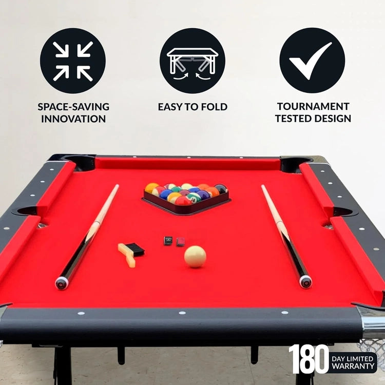 6 Ft Portable Pool Table, Adults Folding Billiards Tables for Game Room with Easy Foldable Storage, Includes Full Set of Billiard Balls, Cues