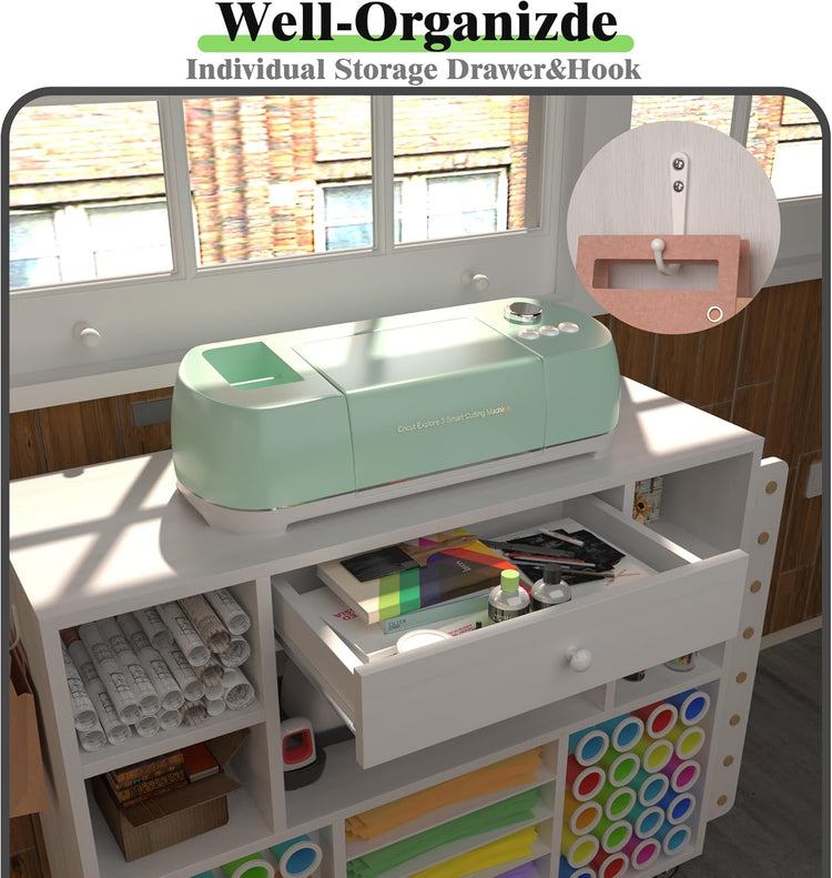 Craft Organization and Storage Cart Compatible with Cricut Machine, Rolling Craft Organizer with Large Drawer & 48 Vinyl Roll Holder