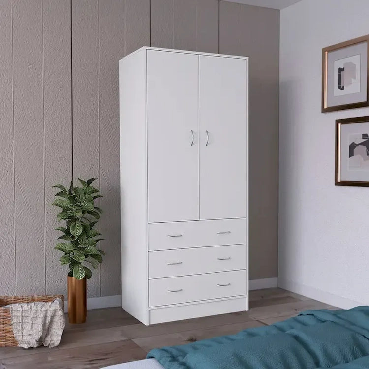19 Modern Double-Door Armoire with 3 Drawers and 1 Hanging Rod for Bedroom