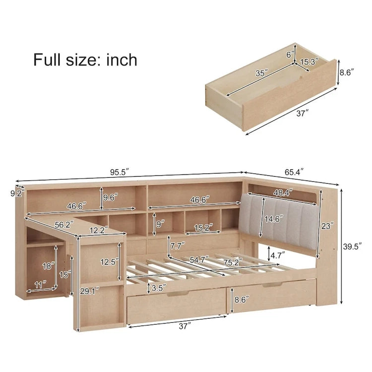 L-Shaped Wooden Sofa Daybed with Desk, Bookcase Cabinet, Corner Bed with Under-Bed Drawers, Upholstered Headboard Built-in Light