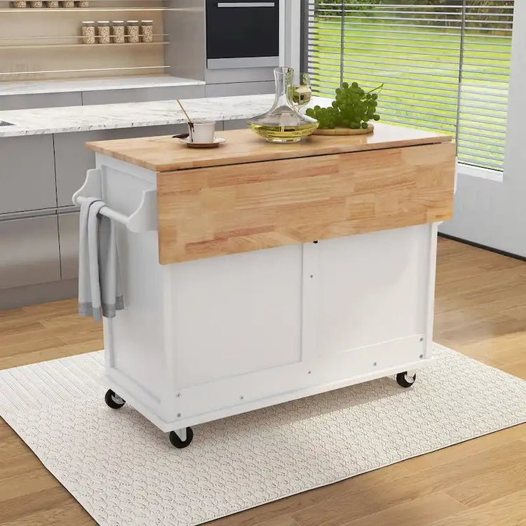 Kitchen Cart with Rubber Wood Drop-Leaf Countertop, Concealed Sliding Barn Door Adjustable Height, Kitchen Island on 4 Wheels