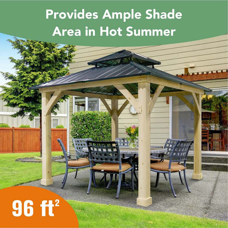 10 X Ft Outdoor Patio Hardtop Gazebo with Wood Frame & 2-Tier Metal Roof, All-Weather Gazebo Pergolas Shelter