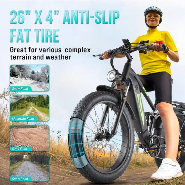 1000W 48V Electric Bike for Adults - 26-in Fat Tire Full-Suspension E-Bike - 17.5Ah Battery - 7-Speed - up to 28MPH - UL Certified