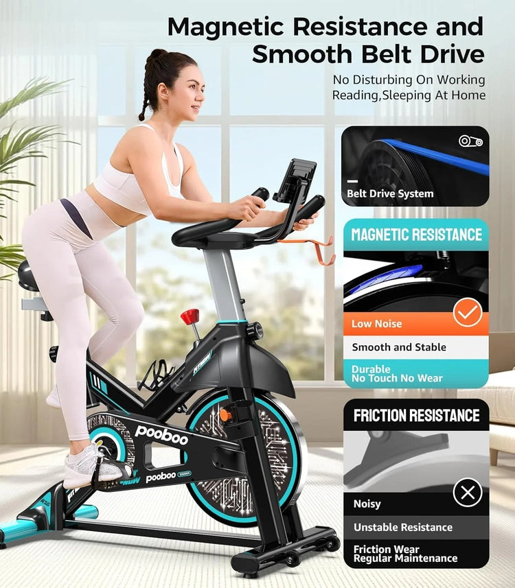 Pooboo Exercise Bike, Adjustable Magnetic/Brake Pad Resistance Silent Belt Drive, Indoor Cycling Bike for Home Cardio