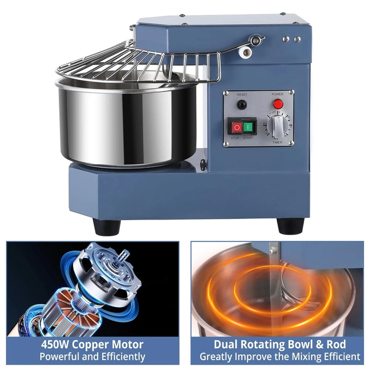 8Qt Commercial Food Mixer, 450W Dual Rotating Dough Kneading Machine W Food-Grade Stainless Steel Bowl, Security Shield & Timer, Commercial
