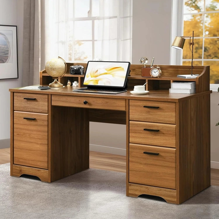 Executive Desk with Drawers, 58 Inch Desk with Storage, Wood Executive Desk with 6 Drawers, Study Desk for Bedroom