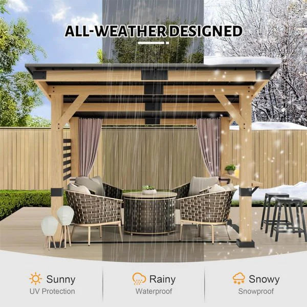 10x12FT Heavy Duty Outdoor All-Season Wooden Cedar Hardtop Gazebo with Metal Roof & Back Curtains (SAK57184)