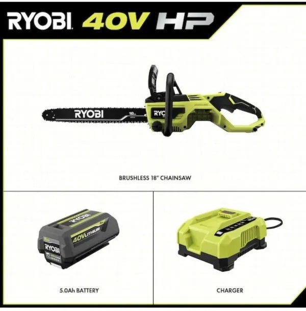 Ryobi 18'' 40V Cordless Chainsaw Kit with Battery & Charger, Green