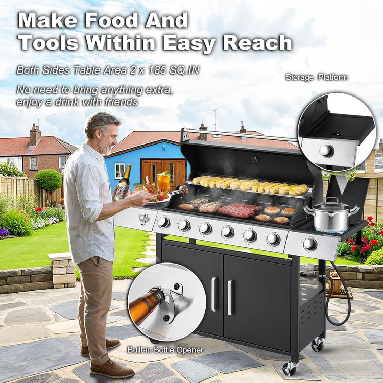 Upgraded 4 Burner BBQ Propane Gas Grill with Cast Iron Grates & Side Stove, 44,000 BTU Stainless Steel Burner Barbecue Grill for Patio, Camping