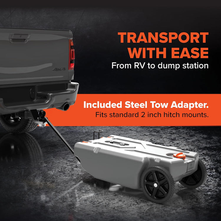 36-Gallon Portable Camper/RV Tote Tank - Features Large Heavy-Duty No-Flat Wheels & Built-in Gate Valve - Removable Steel Tow Adapter